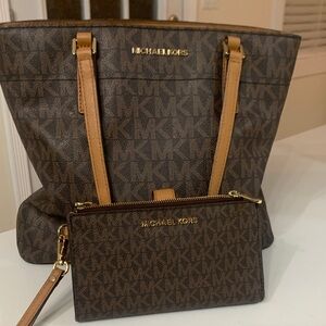 Michael Kors Brown Signature Tote and Wristlet